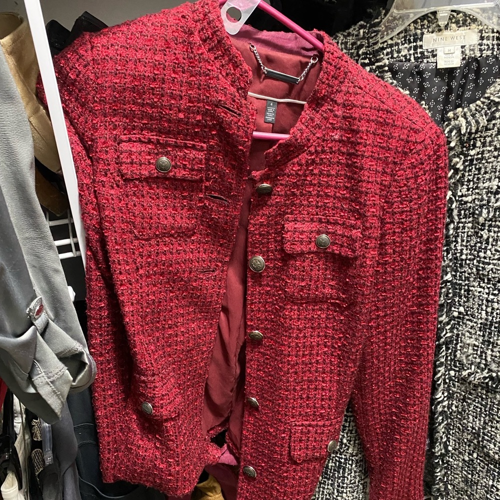 White House Black Market Red Tweed Button-Front Jacket